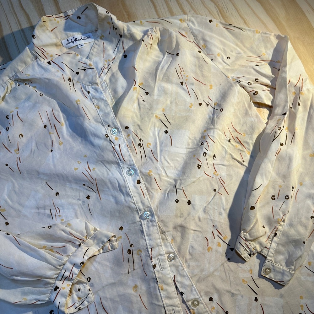 Lady Manhattan Vintage Womens Cream Abstract Print Bishop Sleeve Blouse Size 12